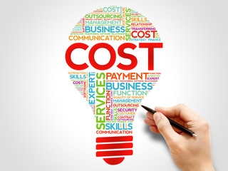 COST bulb word cloud collage, business concept background