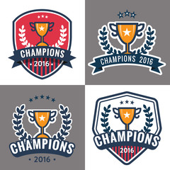 Naklejka premium Set of badges, emblem and logos for Champion sports league with trophy. Vector illustration.