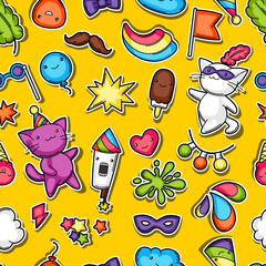 Carnival party kawaii seamless pattern. Cute sticker cats, decorations for celebration, objects and symbols