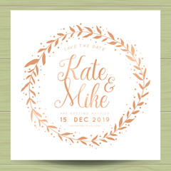 Modern and clean save the date, wedding invitation card with wreath flower template in shiny golden color. Flower floral background. Vector illustration. © Patt