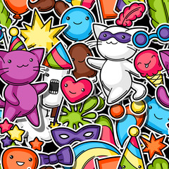 Carnival party kawaii seamless pattern. Cute sticker cats, decorations for celebration, objects and symbols