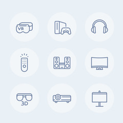 home entertainment system line icons, virtual reality glasses, multimedia projector, 3d, curved tv, audio speakers, headset, game