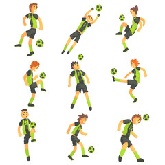 Fototapeta na wymiar Football Players Of One Team With Ball Isolated Illustration Set