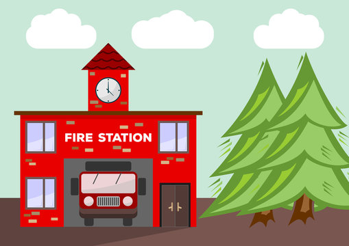 Building of fire station with a truck car in garage. Illustrated vector with flat color style.