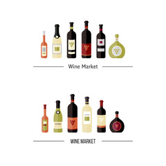 Set of wine bottles in flat. Isolated flat wine bottles. Different kinds of wine bottles. Logo elements for banners, wine markets, alcohol advertising, bars and vineyards. Wine logotype