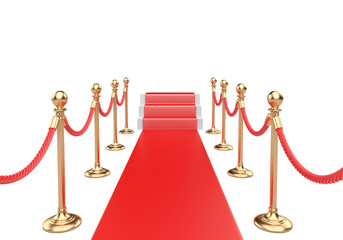 Red carpet and stairs between two gold stanchions with rope.