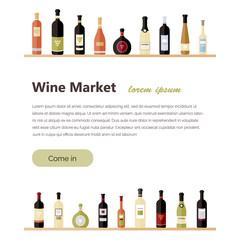 Set of wine bottles in flat. Isolated flat wine bottles. Different kinds of wine bottles. Design elements for banners, wine markets, alcohol advertising, bars and vineyards. Site template