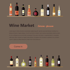 Set of wine bottles in flat. Isolated flat wine bottles. Different kinds of wine bottles. Design elements for banners, wine markets, alcohol advertising, bars and vineyards. Site template