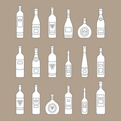 Set of wine bottles outline. Isolated out line wine bottles. Different kinds of wine. Design elements for banners, wine markets, alcohol advertising, bars and vineyards. Template for site, menu
