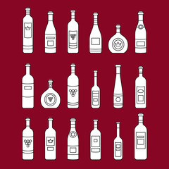 Set of wine bottles outline. Isolated out line wine bottles. Different kinds of wine. Design elements for banners, wine markets, alcohol advertising, bars and vineyards. Template for site, menu