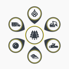 Logging, industrial wood, lumber, timber, tree harvester, tracked feller buncher, infographic elements, icons