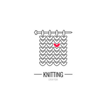 Knitting is love. Modern vector line icon of knitting. Knitting elements - yarn, knitting needle. Outline symbol for knitting shops, clubs. Knitting design element for sites. Knitting business logo.