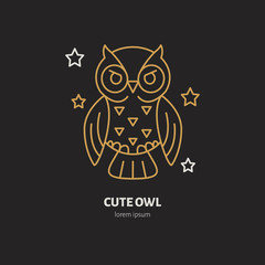 Cute owl illustration. Modern vector line icon of night bird. Funny owl linear logo. Outline symbol for sleep problem, chronotype. Design element for site, brochures, books. Golden owl.