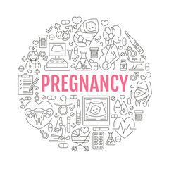 Obraz premium Medical poster template. Vector line illustration of pregnancy, fertility and obstetrics. Gynecology elements - chair, check-up, test, doctor, ultrasound, baby. Healthcare poster, editable stroke