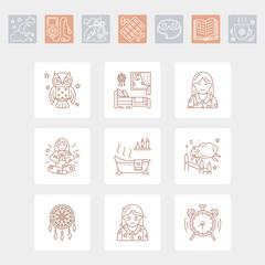 Modern vector line icon of insomnia problem and healthy sleep. Elements - clock, pillow, pills, dream catcher, counting sheep. Linear pictogram with editable stroke for sites, brochures about insomnia