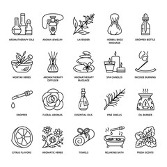 Modern vector line icons of aromatherapy and essential oils. Elements - aromatherapy diffuser, oil burner, spa candles, incense sticks. Linear pictogram with editable strokes for aromatherapy salon.