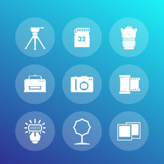 photo equipment icons set, camera, tripod, memory card, film, lens, softbox, printer, vector illustration