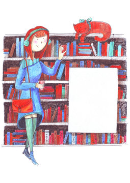 Girl and cat meeting in a library near bookshelves. Pencils hand drawn illustration. Isolated on white colorful image with place for text, perfect for a bookstore or library.