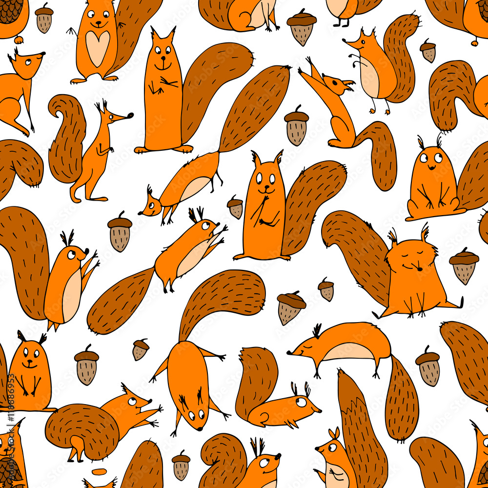 Aufkleber funny squirrel with nut, seamless pattern for your design