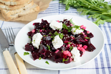beetroot salad, with beans, onion, cheese and sesame oil