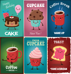 Vintage Cupcake poster design set with vector cupcake, coffee, toast, character. 