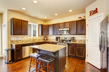 Kitchen room interior with deep brown cabinets, hardwood floor