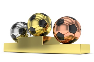 Three gloss soccer balls on golden pedestal. 3D rendering.