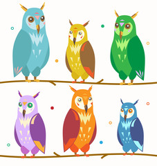 Cute Colorful Owl Set on the Branch. Vector