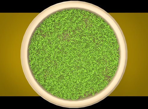 3d illustration of flowerbed with grass. yellow background isolated. icon for game web. green juicy color. with shadow. 