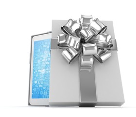 Tablet in white gift box with silver bow and ribbons on white. 3D rendering.