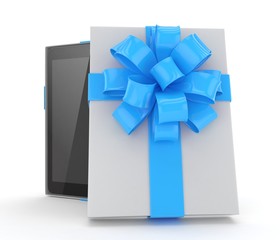 Tablet in white gift box with blue bow and ribbons on white. 3D rendering.