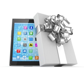 Tablet in white gift box with silver bow and ribbons on white. 3D rendering.