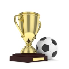 Isolated golden cup with ball on white background. Soccer and football. First place trophy. Game and competition. 3D rendering