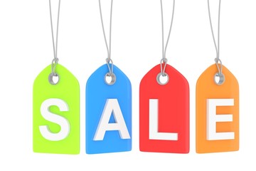 Colorful isolated sale labels on white background. Price tags. Special offer and promotion. Store discount. Shopping time. 3D rendering.