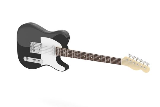 Isolated black electric guitar on white background. Concert and studio equipment. Musical instrument. Rock, blues style. 3D rendering.