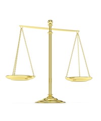 Isolated golden scales on white background. Symbol of judgement. Law, measurement, liberty in one concept. 3D rendering.