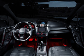Modern interior of premium car with leather seats