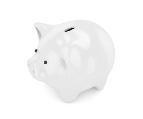 White shiny piggybank on white background. Concept of investment, savings and more. 3D rendering.