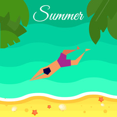 Summer background, vector illustration. Swimming man in purple swimming trunks in water. Sand beach with palm leaves and starfish. Natural landscape. Summer fun. Sea time
