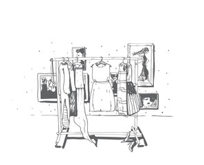 Black and white fashion illustration with hand drawn hangers with dresses. Interior with frames, shoes. Vector sketch illustration, dresses set, summer clothes, outerwear for women, isolated on white