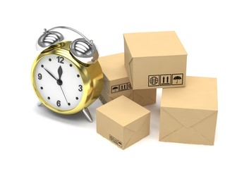 Package and alarm clock, delivery concept. 3d rendering.