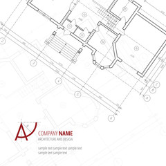 Architectural vector background. Gray building plan silhouette and A-letter logo architecture and design company.