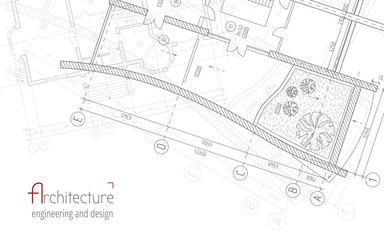 Architectural vector background. Gray building plan silhouette and logo architecture, engineering and design company.