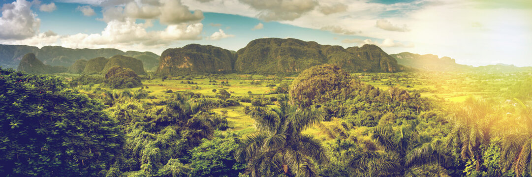 Panoramic vista over Vinales Valley in Cuba, toned image