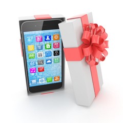 Smartphone in gift box. Isolated on white background. 3d rendering.