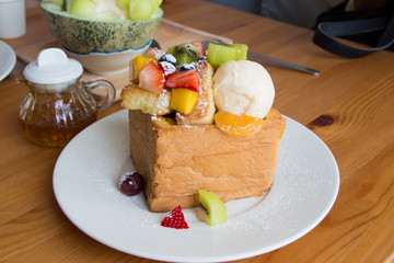 french toast with ice cream and fruit