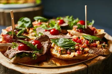 Papier Peint photo Plats de repas Delicious canapes as a dish on a tray in the form of a cut of a tree