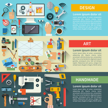 Set of flat design concepts of creative process. Fine art, web design, handmade. Vector illustration