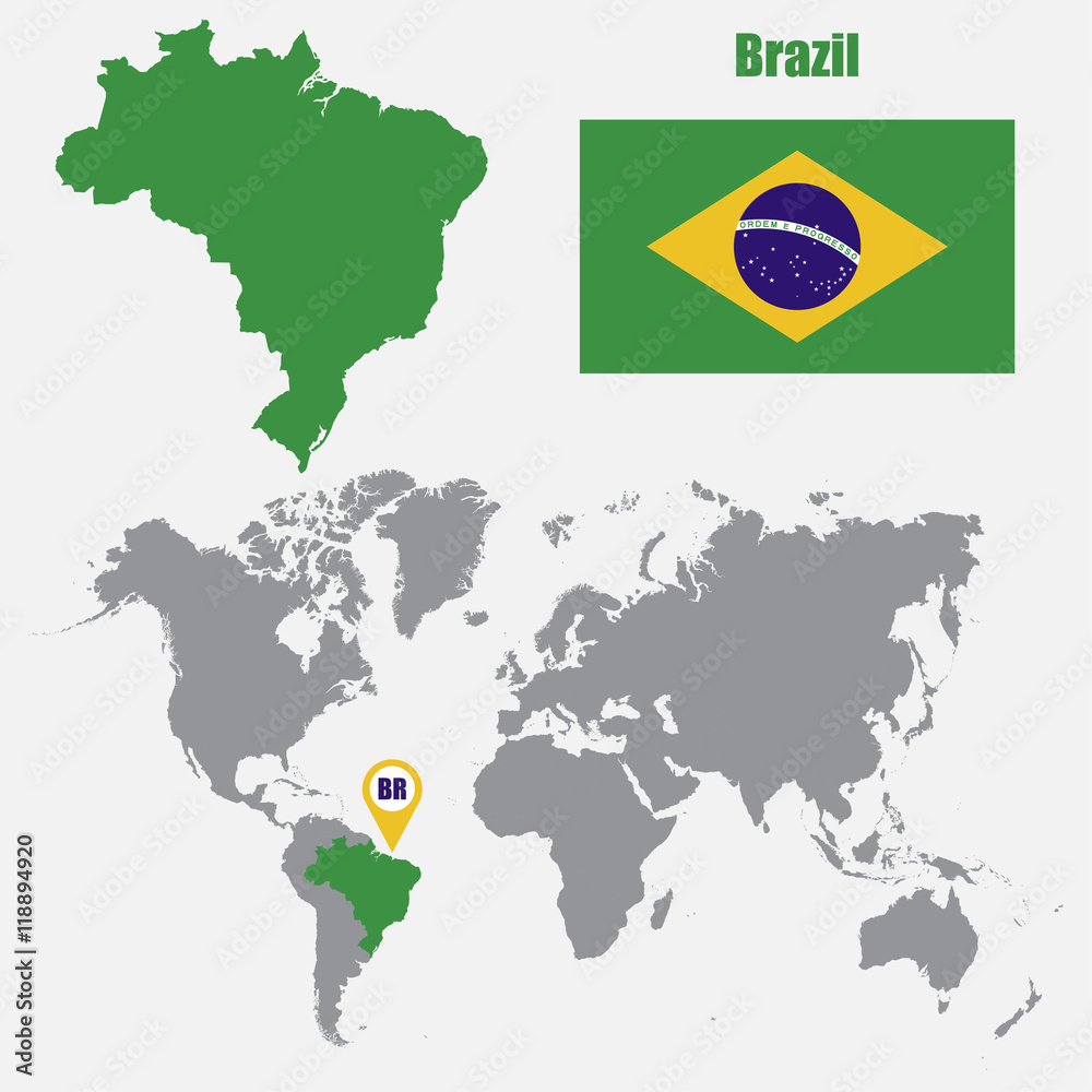 Aufkleber Brazil map on a world map with flag and map pointer. Vector illustration