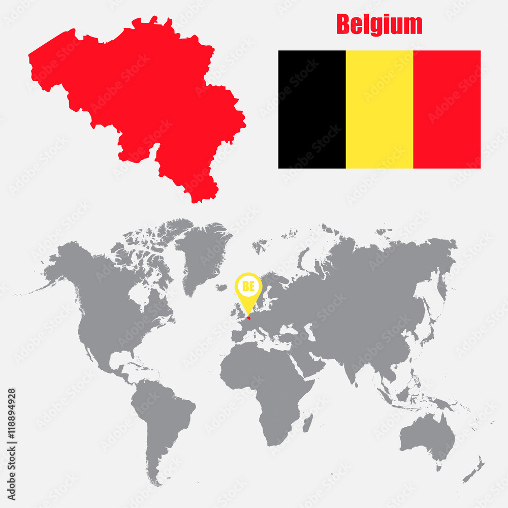 Aufkleber Belgium map on a world map with flag and map pointer. Vector illustration
